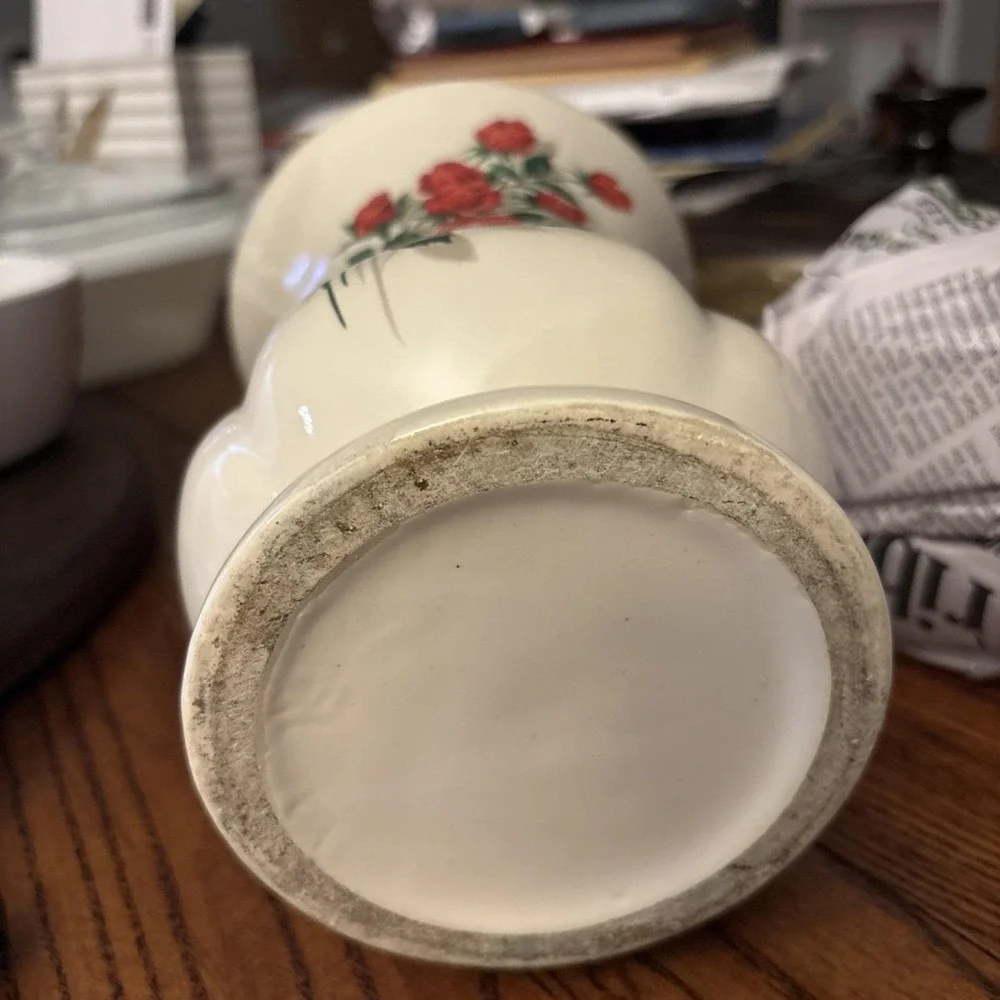 Vintage McCoy Pottery Vase with Red Roses and Double Handles Stunning Piece 8 in